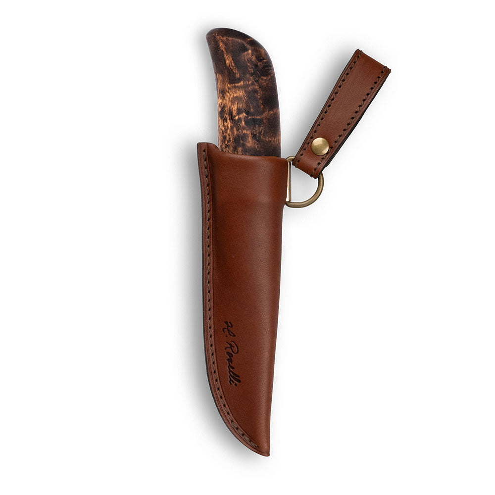Limited edition outdoor and hunting knife by Roselli, handmade in Finland from premium carbon steel with a stained curly birch handle. Includes a handmade sheath crafted from Finnish vegetable-tanned leather.