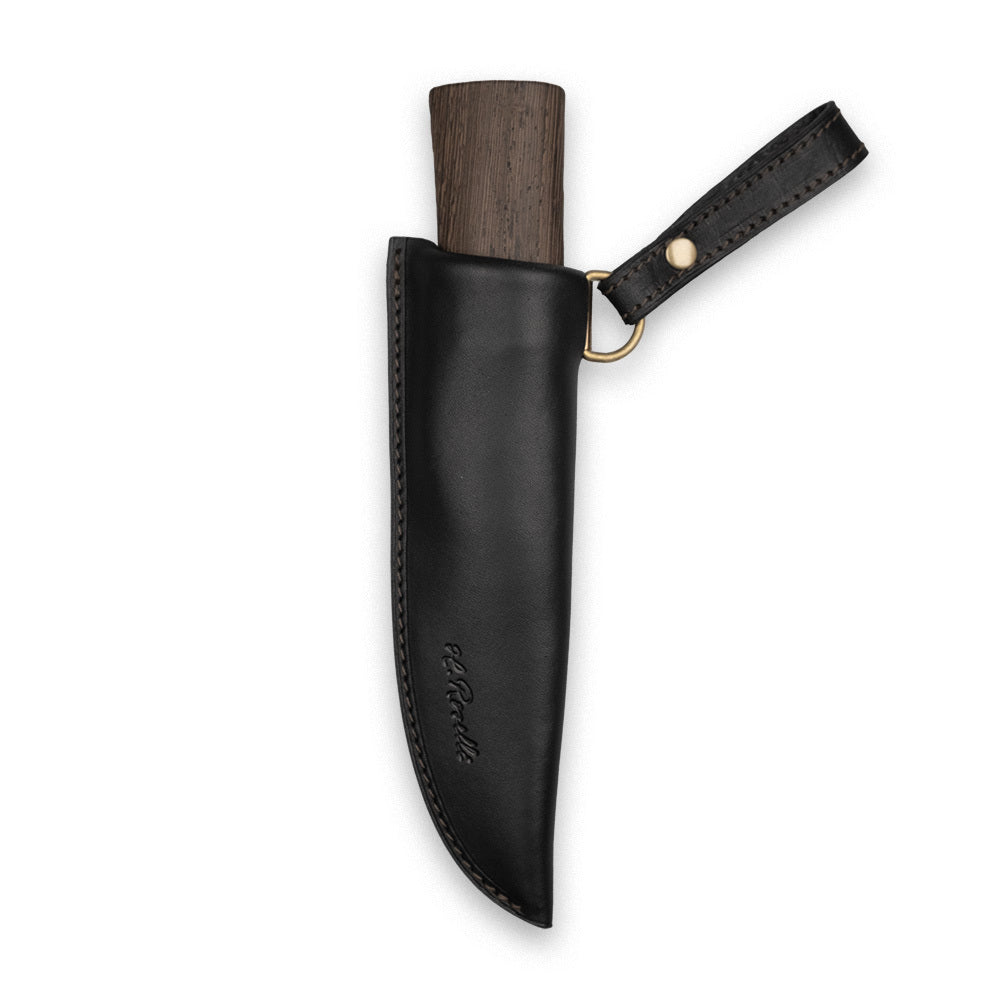 Roselli's Finnish handmade black edition hunting knife of carbon steel, comes with a handle of wenge tree and a sheath of black leather.