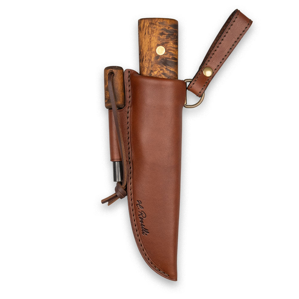 Roselli's handmade Finnish hunting knife with full tang blade and a handle made of stanied curly birch. Comes with a handmade Finnish leather combo sheath including Roselli's firesteel.