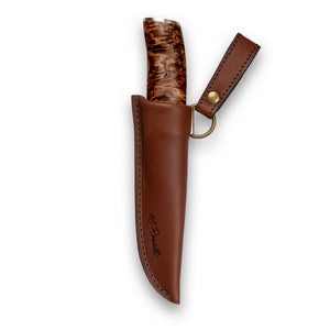 Roselli's Finnish handmade hunting knife in model "opening knife" with a handle made out of stained curly birch and details of silver ferrule.