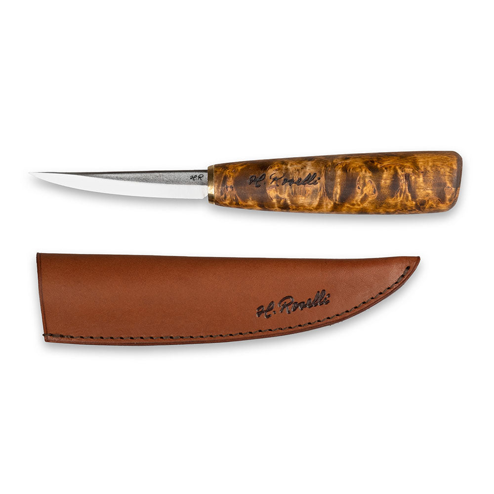 Roselli's handmade Finnish Carving knife with a handle made from stained curly birch and a blade from carbon steel with a scandi grind zero feature. Comes with a handmade leather sheath.