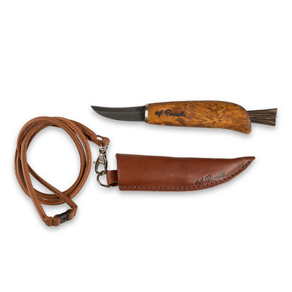 Finnish handmade mushroom knife made from carbon steel and curly birch. Comes with a handmade leather sheath and a mushroom brush made from arenga fiber