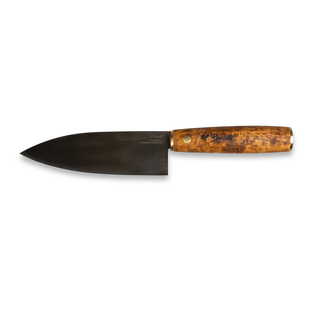 Roselli's Finnish handmade Japanese kitchen knife in model "Santoku knife". Made from carbon steel and curly birch. Comes with a handmade sheath of light vegetable Finnish leather. 