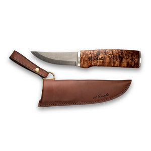 Handmade Finnish knife from Roselli in model "Hunting knife" comes with a handle made out of stained curly birch and details of silver ferrule