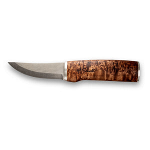 Handmade Finnish knife from Roselli in model "Hunting knife" comes with a handle made out of stained curly birch and details of silver ferrule