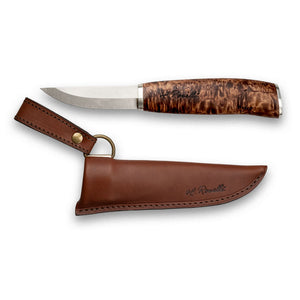 Handmade Finnish knife from Roselli in model "carpenter knife" comes with a handle made out of stained curly birch and details of silver ferrule