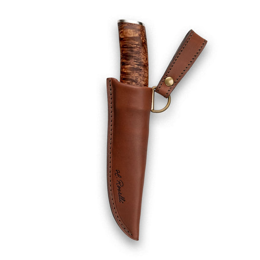 Handmade Finnish knife from Roselli in model "bear claw" comes in UHC steel and details of silver ferrule and a handle made out of stained curly birch