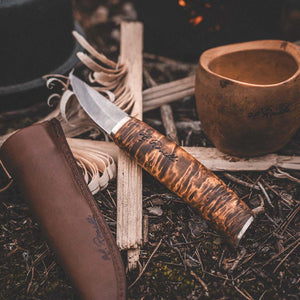 Handmade Finnish knife from Roselli in model "bear claw" comes in UHC steel and details of silver ferrule and a handle made out of stained curly birch