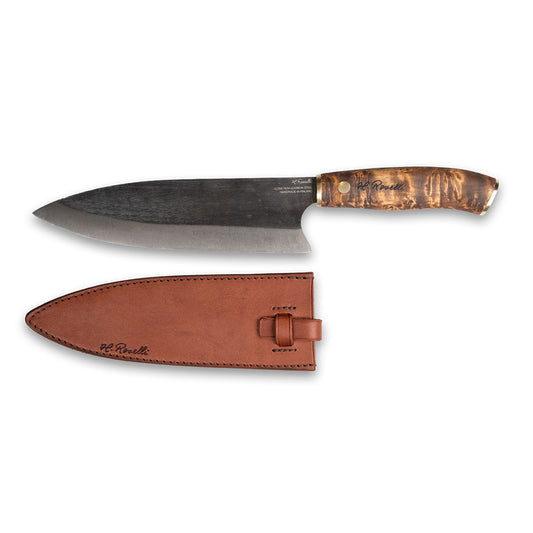 Roselli's handcrafted Gyuto kitchen knife in high-carbon steel (UHC steel) with a stained curly birch handle. Delivered with a handmade leather sheath.