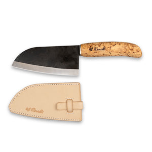 Roselli's handmade Finnish kitchen knife for chefs in carbon steel and a handle made from curly birch. Delivers with a handmade leather sheath. Perfect for both the outdoor and indoor kitchen..