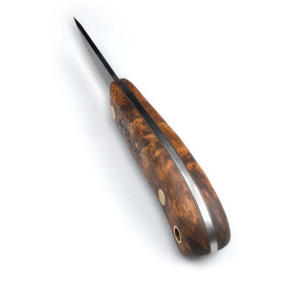 Rosellis handmade Finnish outdoor knife with a full tang blade. Based on our Carpenter knife. Stained curly birch handle and handmade leather sheath. 