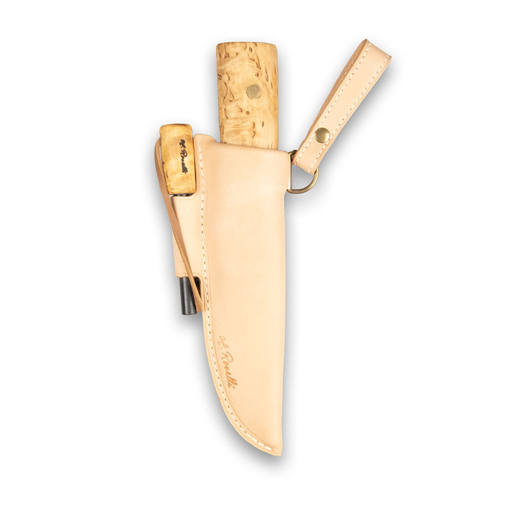 Handmade Finnish hunting knife with a full tang blade and a handle made out of curly birch and a sheath made out of light tanned leather sheath with combined fire steel