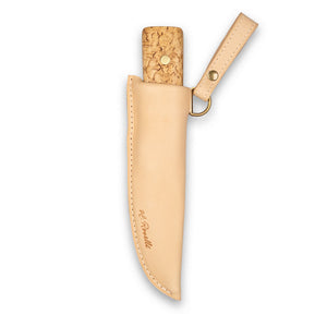 Handmade Finnish hunting knife with a full tang blade and a handle made out of curly birch and a sheath made out of light tanned leather sheath 
