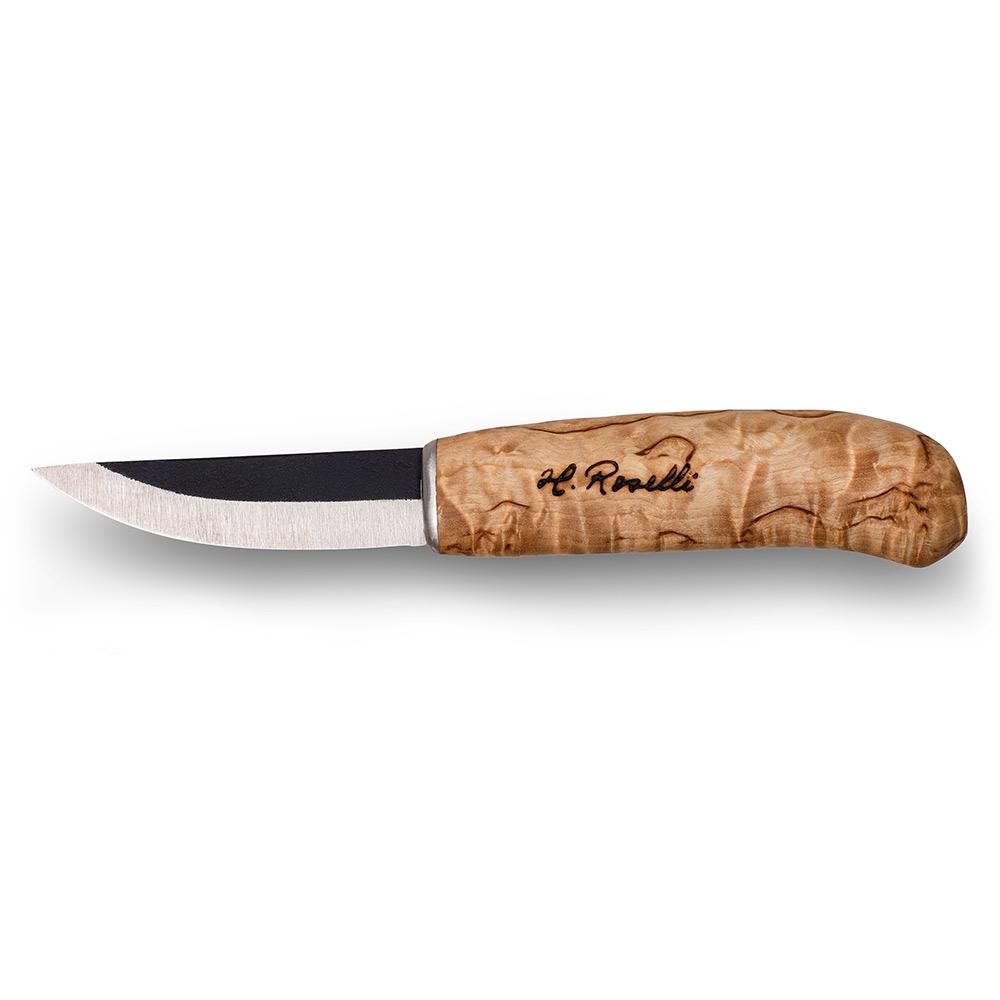 Handmade finnish knife from Roselli in model "carpenter knife" with a handle made out of curly birch 