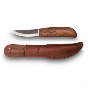 Handmade Finnish knife from Roselli in model "carpenter knife" with UHC steel and a handle made out of heat treated curly birch comes with a dark vegetable leather sheath 