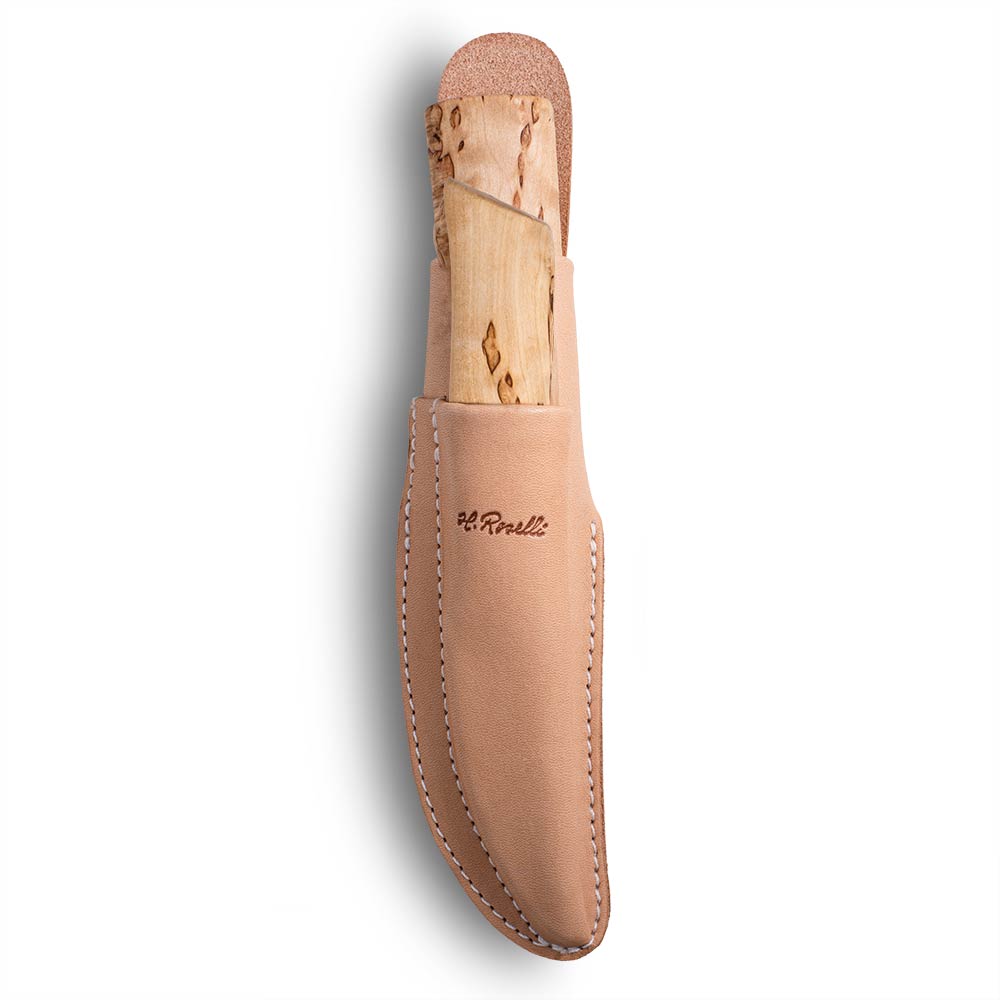 Roselli Handmade Finnish knives from Roselli in model "opening knife" and "hunting knife" which comes with a combo sheath made out of light tanned vegetable leather