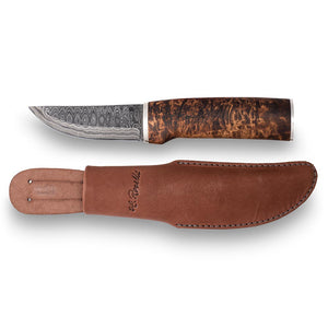Handmade Finnish hunting knife from Roselli in Damascus steel, silver ferrule details and handle made out of heat treated curly birch and comes with a dark vegetable leather sheath