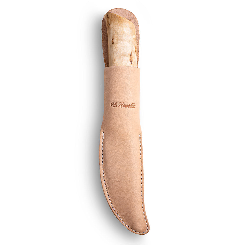 Handmade Finnish hunting knife from Roselli in model "opening knife" with a round tip and a handle made out of curly birch, the knife comes with a light tanned vegetable leather sheath 