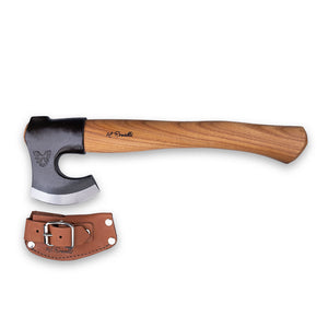 Roselli's handmade outdoor axe with a handle of red elm and a sheath made of dark Finnish vegetable leather.