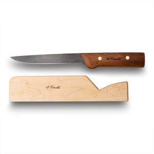 Handmade Finnish kitchen knife from Roselli with a handle made out of heat treated curly birch and comes with a knife rack made out of curly birch  