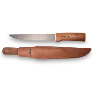 Handmade Finnish big fish knife from Roselli with a handle made out of heat treated curly birch comes with a vegetable dark leather sheath 