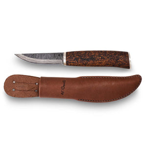 Handmade Finnish knife from Roselli in model "carpenter knife" comes with Damascus steel and silver ferrule details and a handmade Finnish dark vegetable sheath