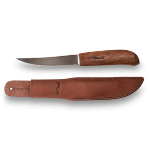 Handmade Finnish fish knife with a handle made out of heat treated curly birch  and comes with a dark leather sheath 
